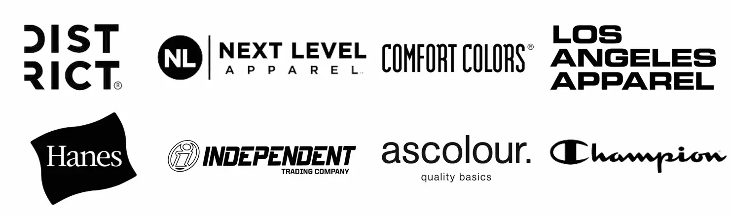 Compilation of leading apparel brands logos including District®, Next Level Apparel, Comfort Colors®, Los Angeles Apparel, Hanes, Independent Trading Company, ascolour, and Champion. This image represents a spectrum of fashion and clothing companies known for their quality, ranging from basic essentials to trendy and durable activewear. Each logo showcases the unique identity of the brand, from minimalist and straightforward to more detailed and iconic designs, catering to a wide audience with various fashion preferences.