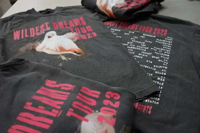 Stack of 'Wildest Dreams Tour 2023' concert T-shirts, featuring striking tour dates and locations on the back, and an eye-catching flamingo graphic on the front. These shirts commemorate a memorable tour, blending bold design with tour specifics, ideal for fans and attendees seeking a keepsake