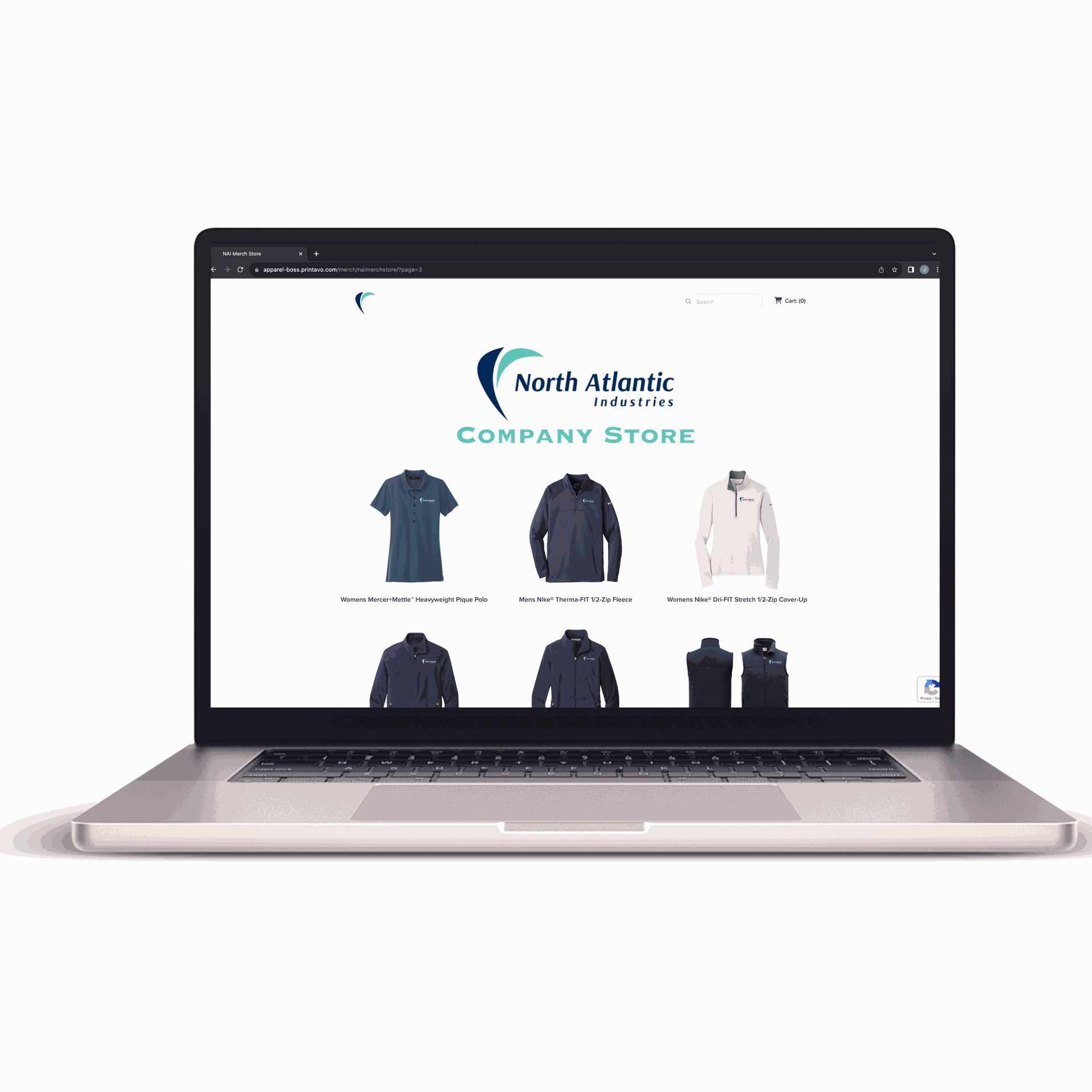 Laptop screen displaying the North Atlantic Industries Company Store webpage. Featured are a selection of branded corporate apparel, including polo shirts, thermal zip fleeces, and jackets, showcasing the company’s commitment to professional and high-quality merchandise.