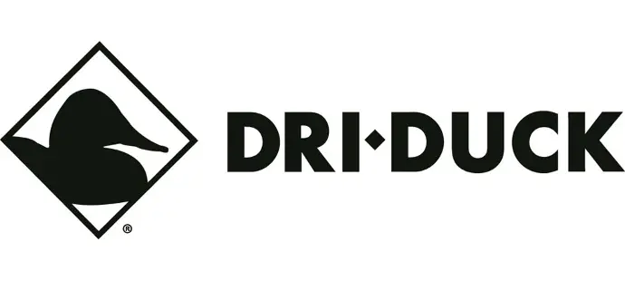 Logo of DRI-DUCK featuring a dynamic black silhouette of a duck within a diamond shape, symbolizing agility and adaptability. The bold, uppercase lettering of 'DRI-DUCK' complements the logo's sleek and modern design, appealing to customers looking for quality and reliability in outdoor apparel and accessories. Perfect for marketing materials and online presence to attract adventure and outdoor enthusiasts.