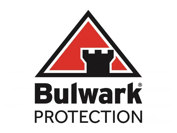 Logo of Bulwark Protection featuring a black castle silhouette within a red triangle, symbolizing robust defense and security services. The bold black lettering of 'Bulwark Protection' underscores the company's commitment to providing reliable protection solutions. Ideal for businesses and individuals seeking dependable security measures.